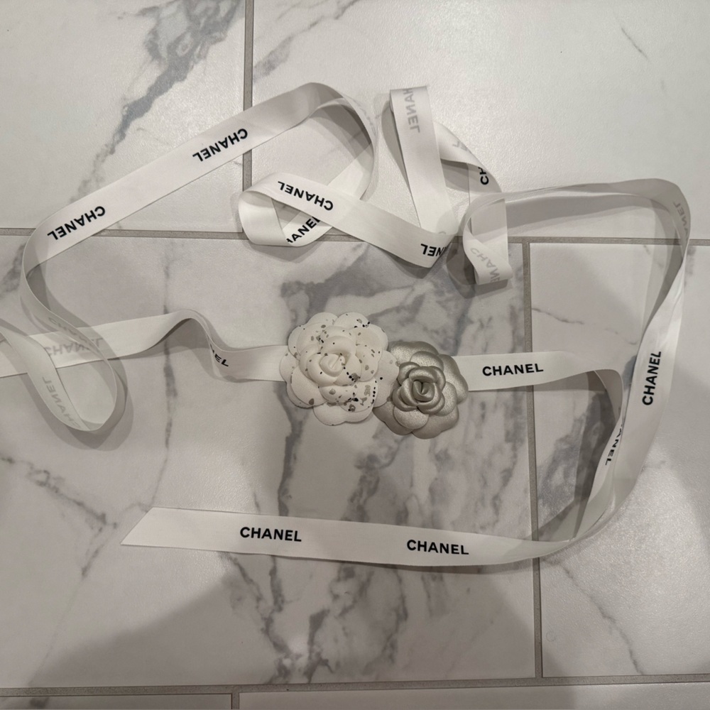 Chanel White and Silver Flower Accessories 104 inches long and 1 inch.   3